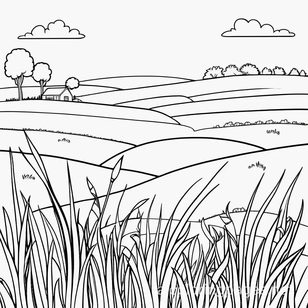 grass  plains
, Coloring Page, black and white, line art, white background, Simplicity, Ample White Space. The background of the coloring page is plain white to make it easy for young children to color within the lines. The outlines of all the subjects are easy to distinguish, making it simple for kids to color without too much difficulty