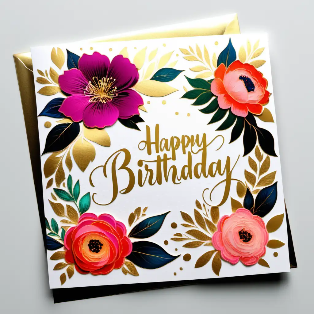 An elegant birthday design featuring a floral feel with vibrant blooms and a gold-foil "Happy Birthday" script.  v 4