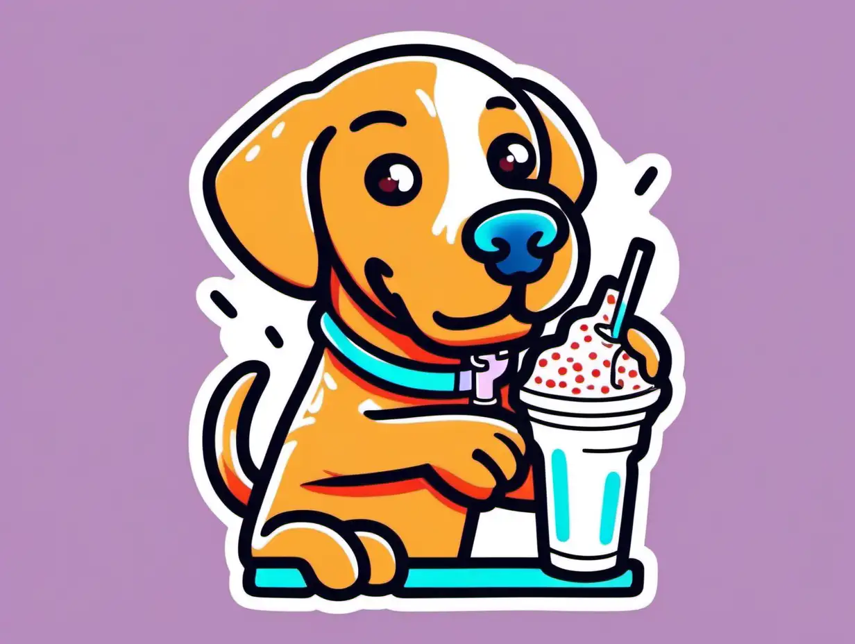 a labrador retriever dog cartoon character drinking a milkshake with vibrant color, like a sticker, line art, white background in the style of keith haring