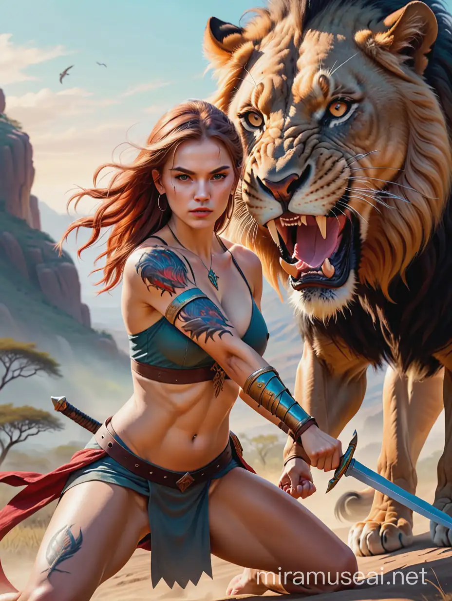 Warrior Caucasian woman, has colored Tattoos, Holding Sword, She is fighting a predatory Lion, Full Details, cinematic, Action, Long Shoot, Dramatic landscape, 8k resolution, Oil painting, raw style