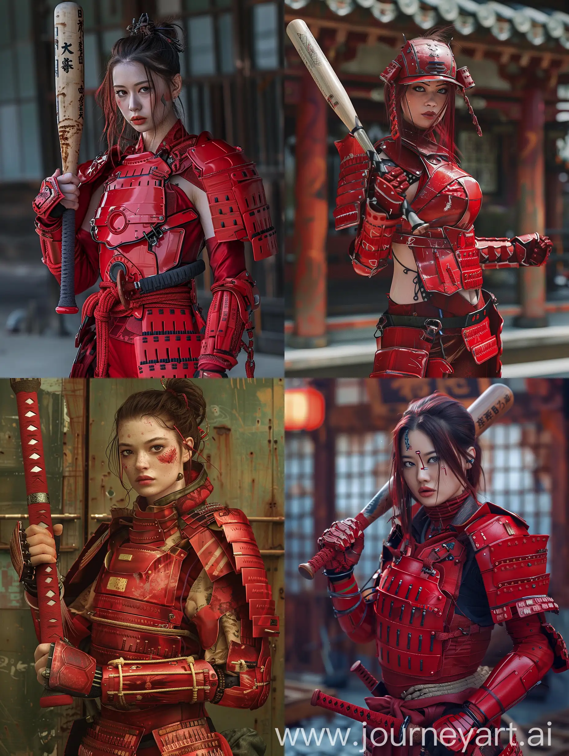there is a woman in a red samurai suit holding a baseball bat, female samurai, inspired by Kanō Hōgai, samurai style, dressed in samurai armour, high-tech red armor, wearing techwear and armor, segmented armor and sashimono, very beautiful cyberpunk samurai, chinese armor, lady in red armor, japanese warrior, wearing japanese techwear