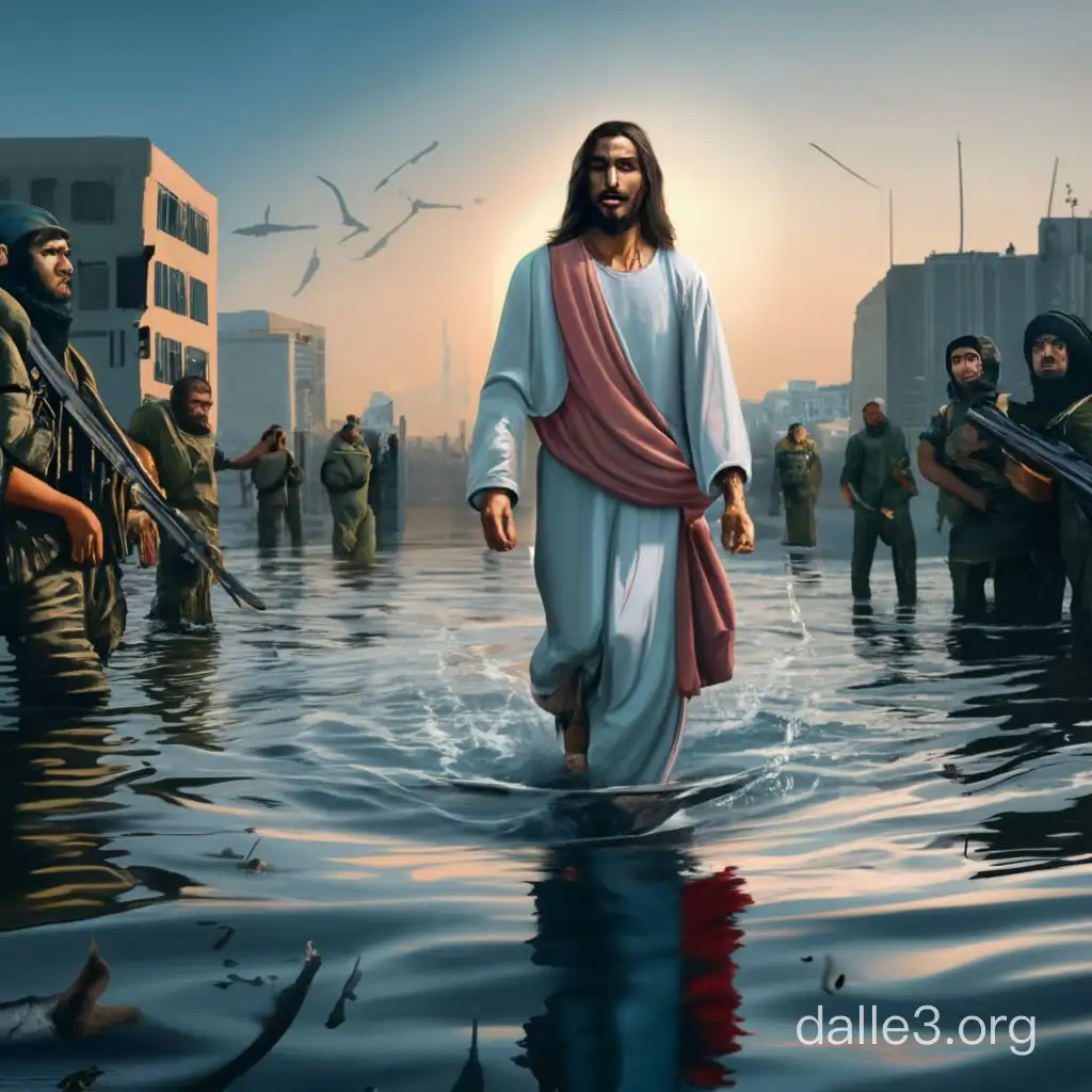 Jesus Christ photographed wearing a typical Palestinian headscarf, exactly like Arafat wore, walking on water in Gaza, surrounded by hamas terrorists. Photorealistic detailed.