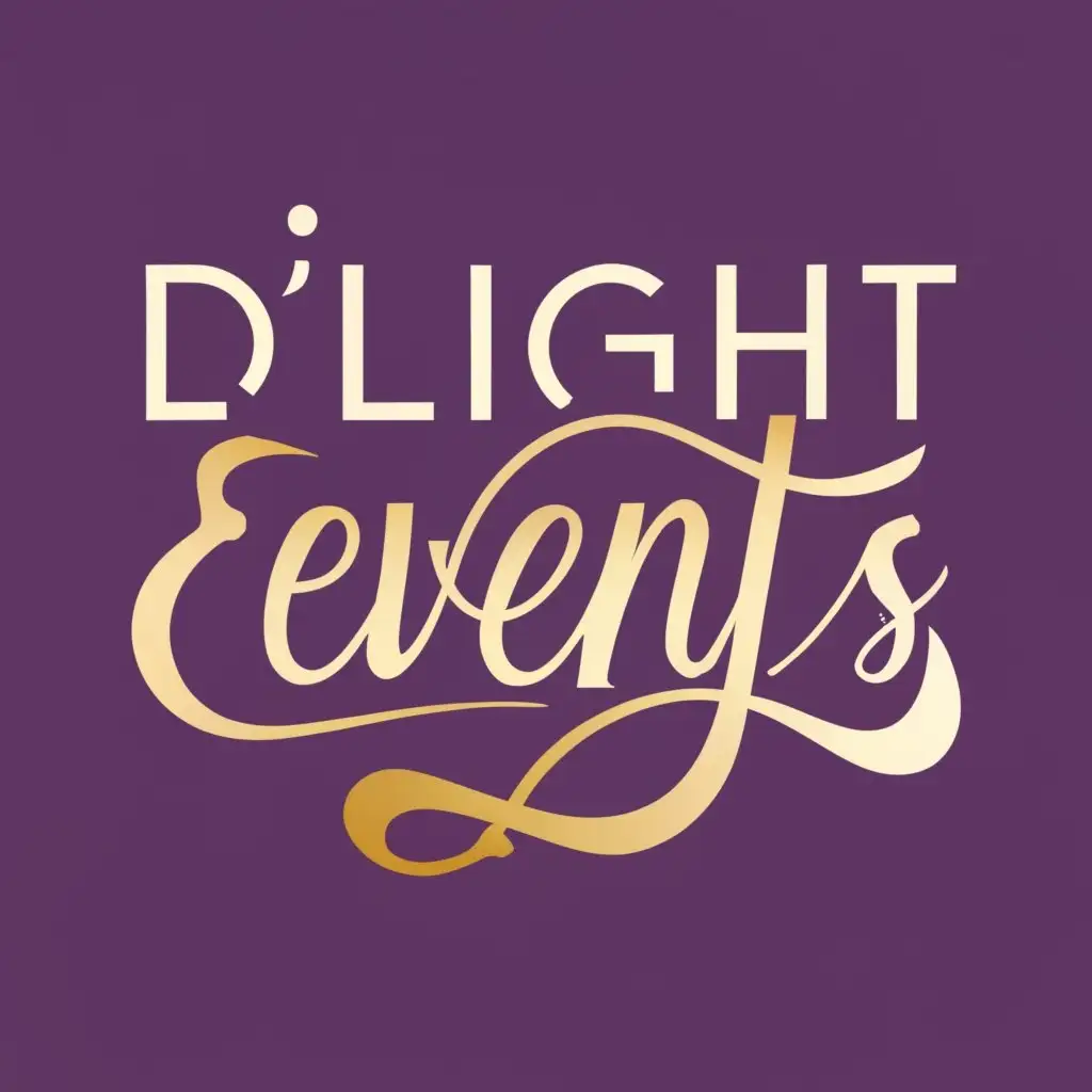 logo, The words "D'Light Events" and in purple, gold, and black colours with Events related design, with the text "D'Light Events", typography, be used in Events industry