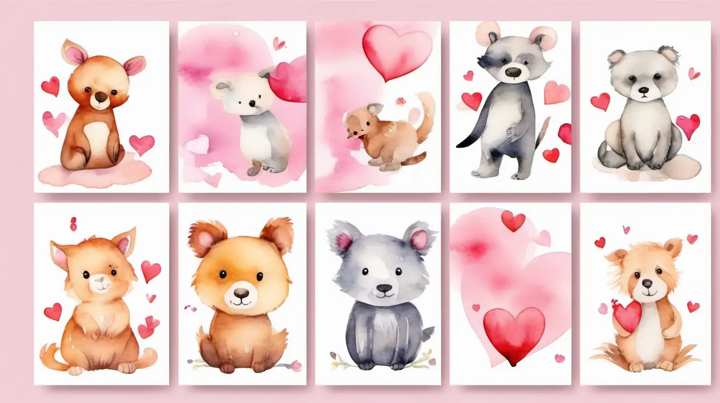 please generate watercolor valentines day cars with cute animals
