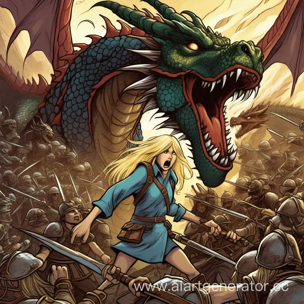 Brave-Blonde-Girl-Protecting-Giant-Dragon-from-Onslaught