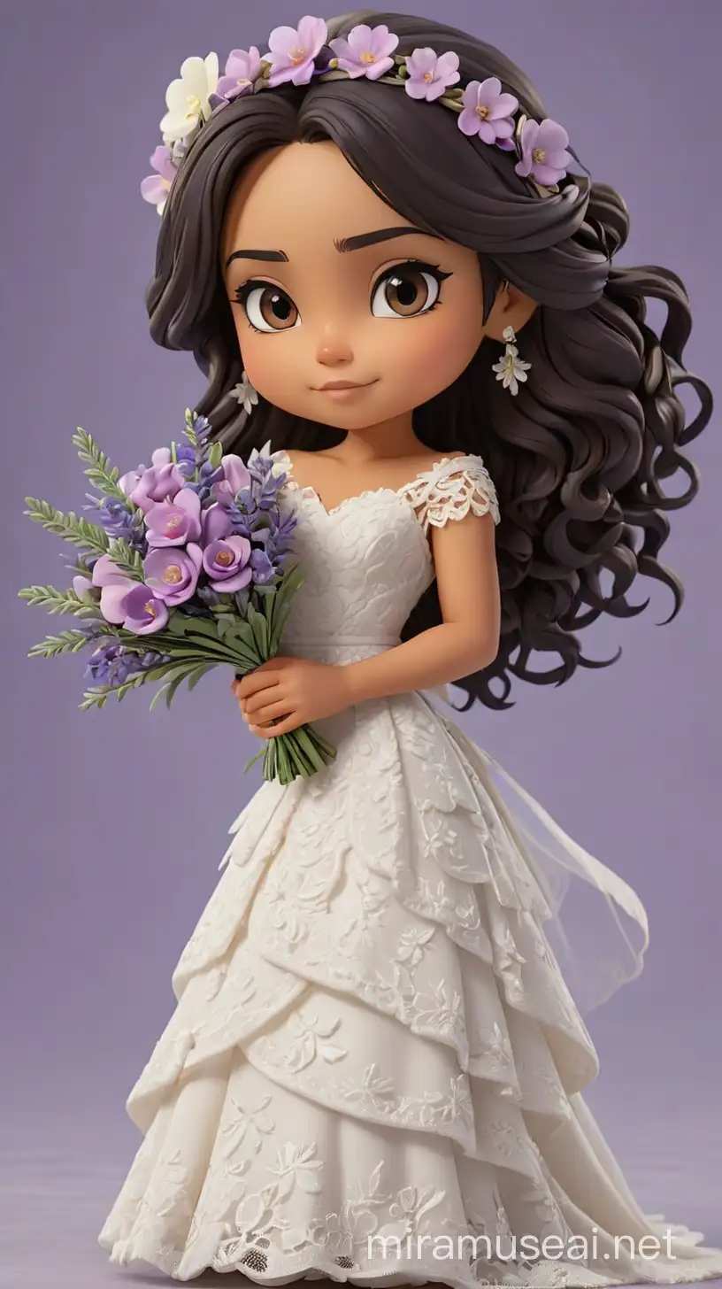create a chibi Nendoroid version of Frankie Adams (New Zealand Samoan actress) wearing a lace wedding dress holding a bouquet of flowers and lavender