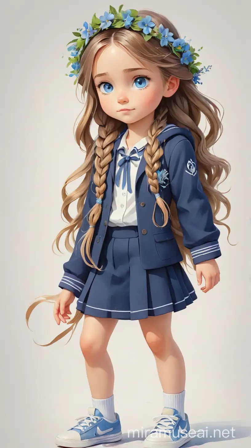 Маленькая девочка, длинные волосы коса, голубые глаза, венок из лент и цветов, тёмно-синий костюм, белые кросовки, белый фон, акварель 