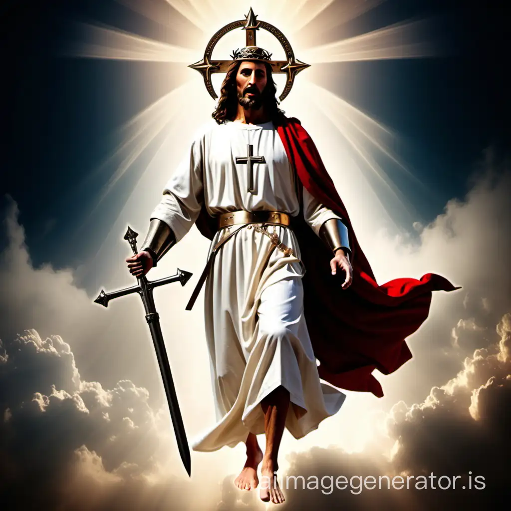 celestial jesus like a medieval christian general going to fight against sinful and degenerate modern society, realistic, leading arms, repent and believe, lives and reigns,