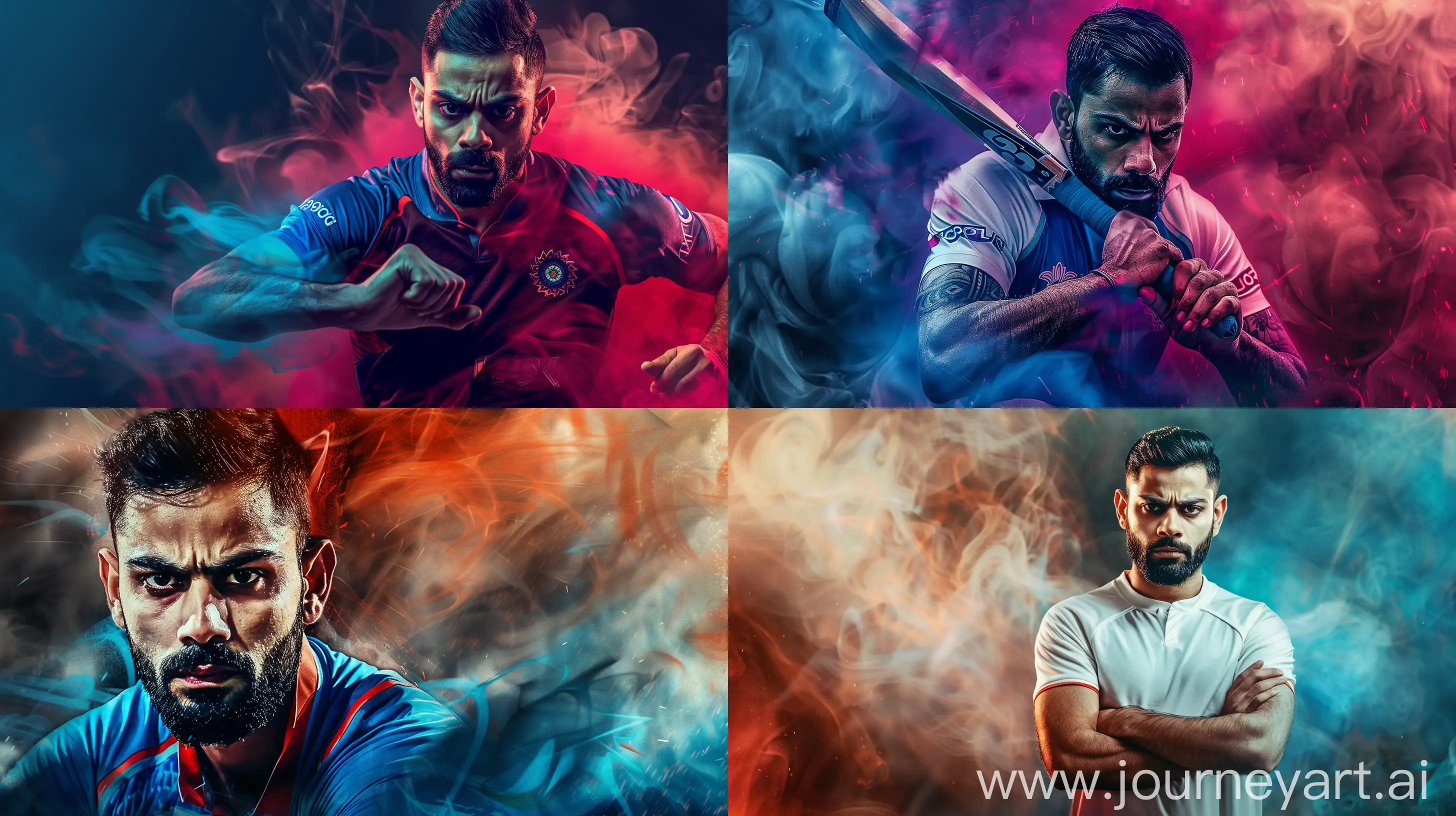 Create a professional YouTube channel banner based on cricket edits,fit a virat kohli image,cool attractive --ar 16:9