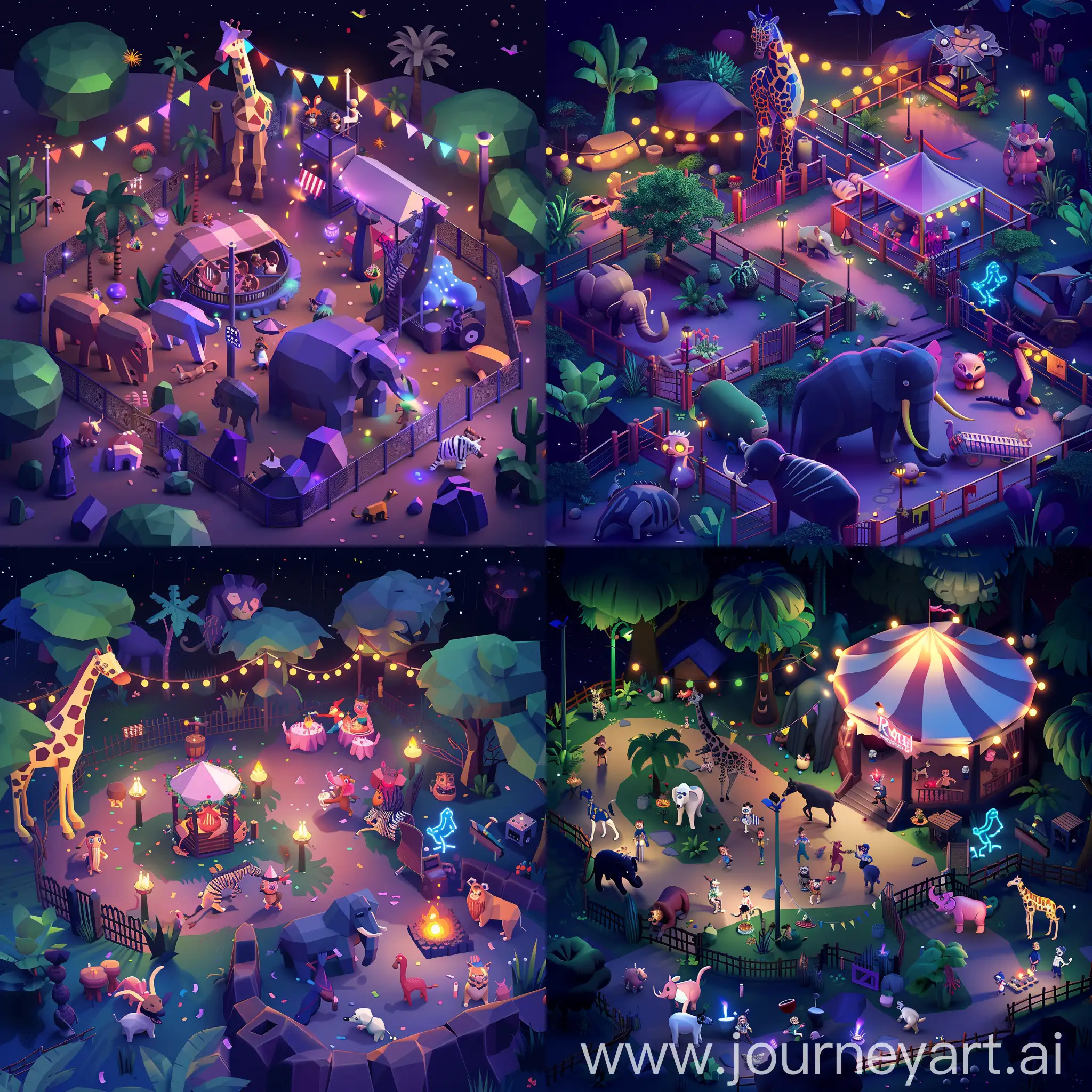 Create the image: An isometric, night time picture of animals in a zoo having the most raucous party you've ever seen. 4k