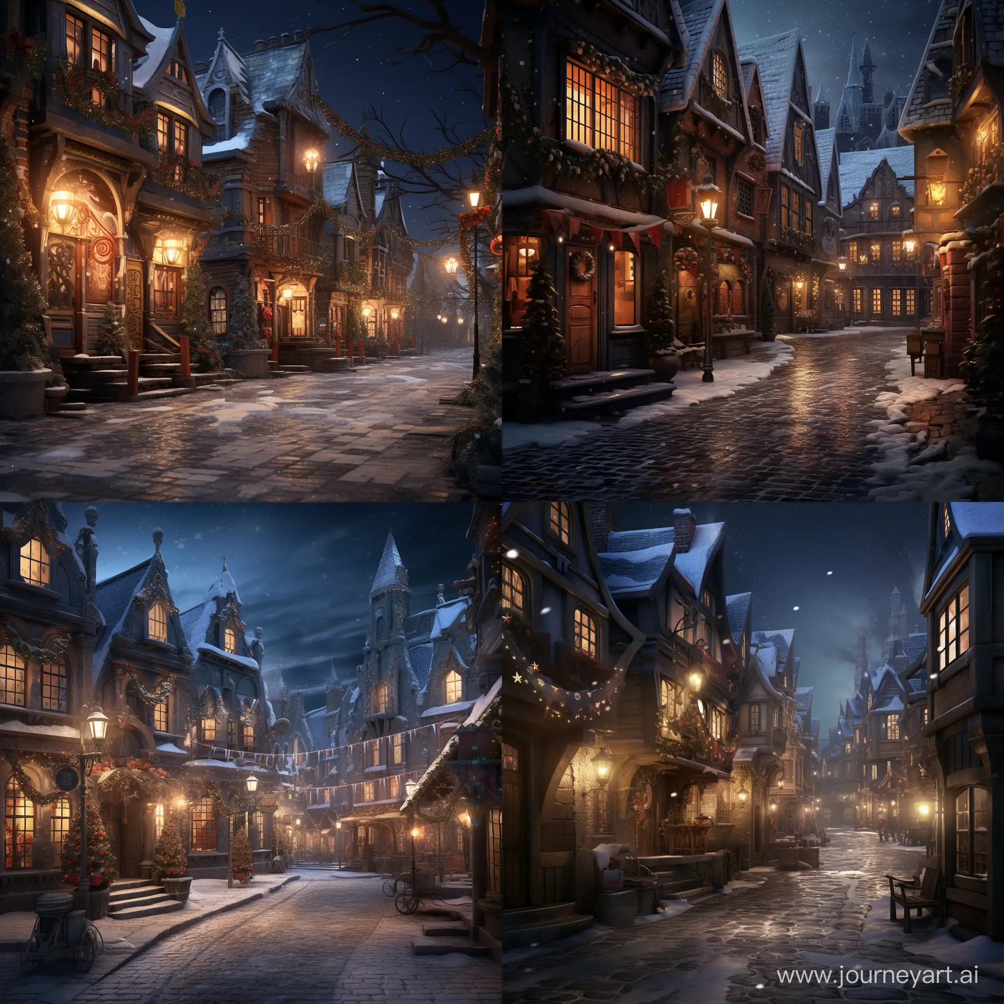the street of the Christmas fantasy city, in the style of Harry Potter 