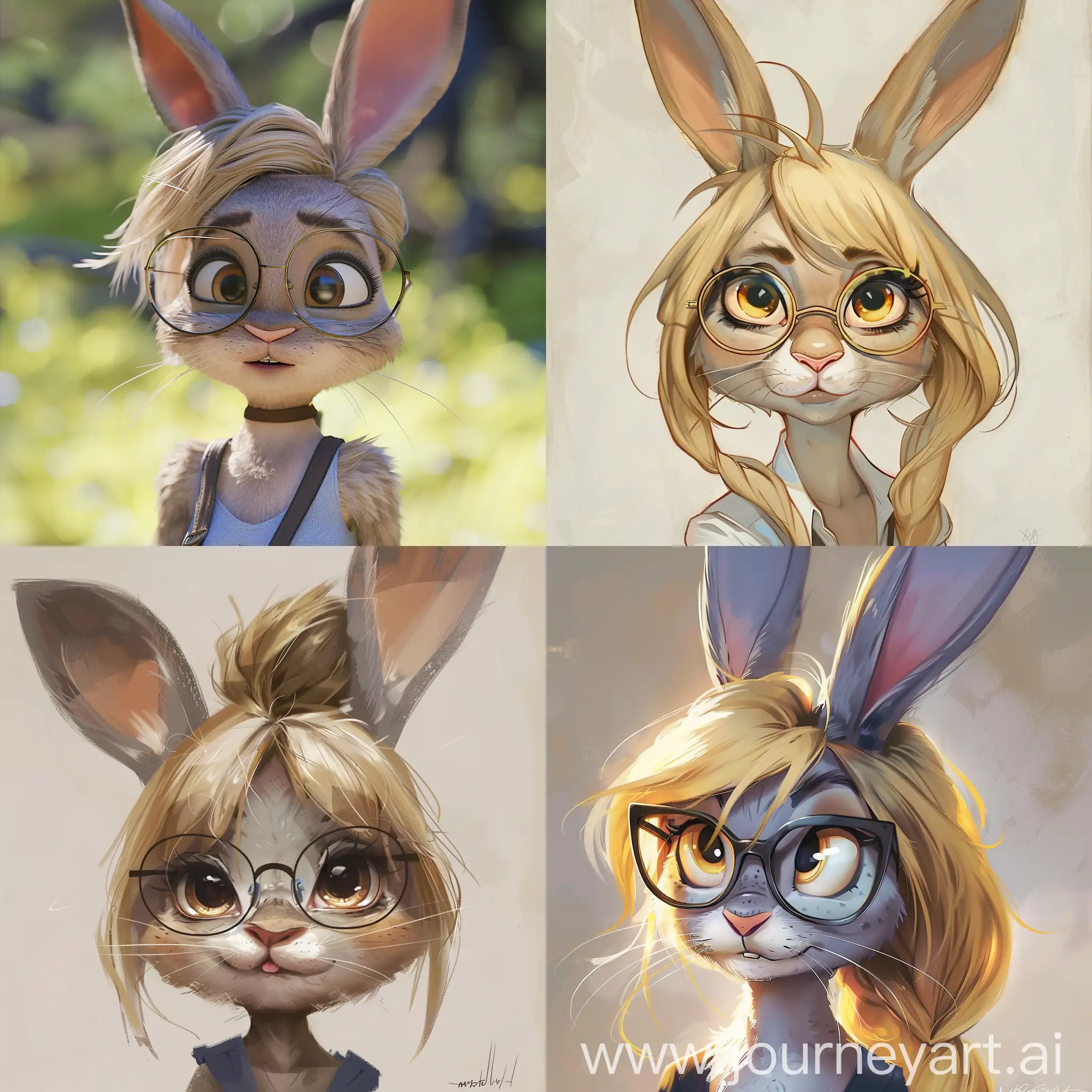 A female bunny with blonde hair and glasses