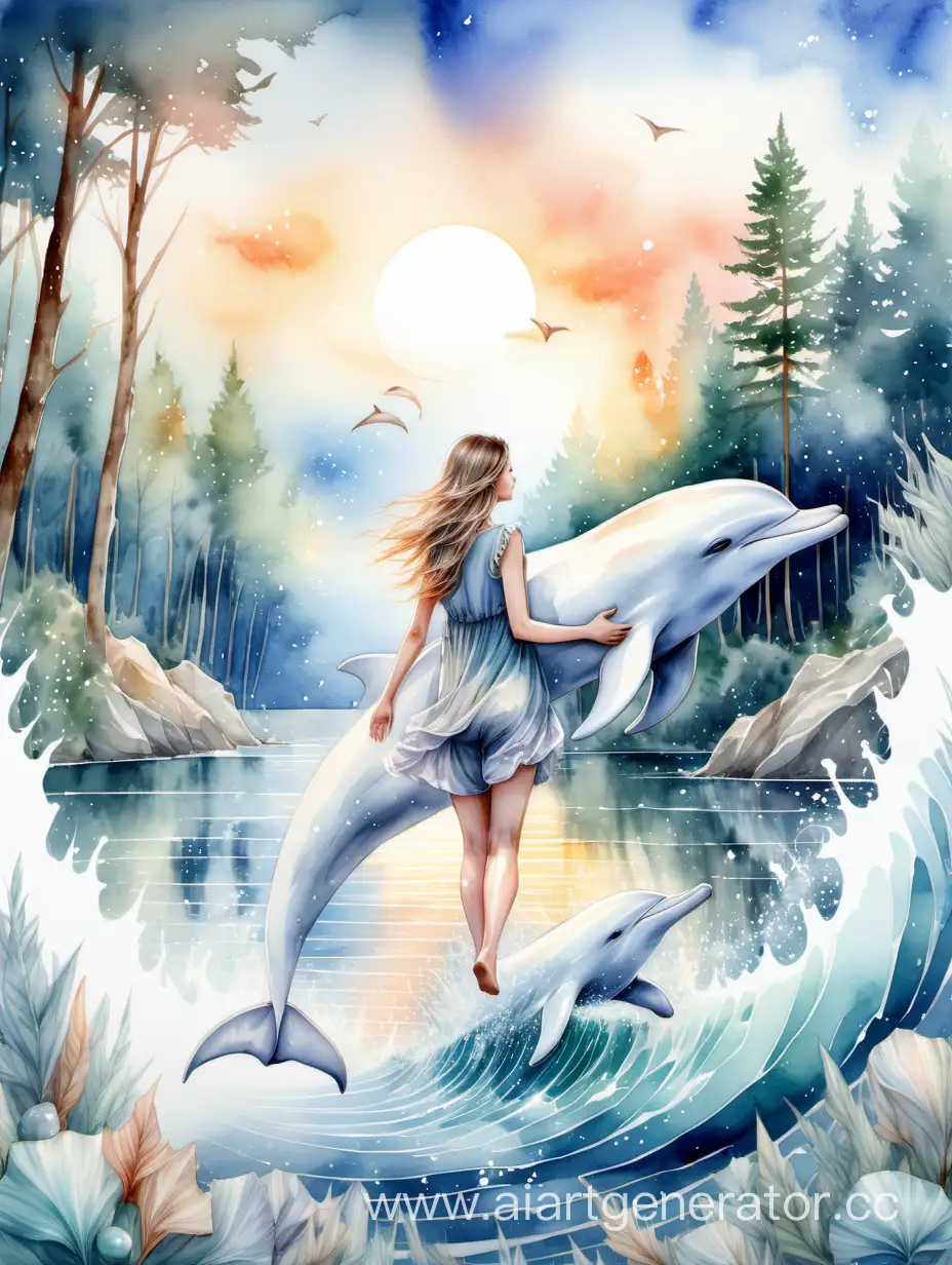 In watercolor style, soft watercolor, girl, big white dolphin, beautiful sky and nature, wind, sunrise, forest, sea, crystals