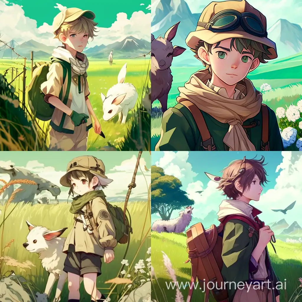 Shepherd boy on the grassland anime style