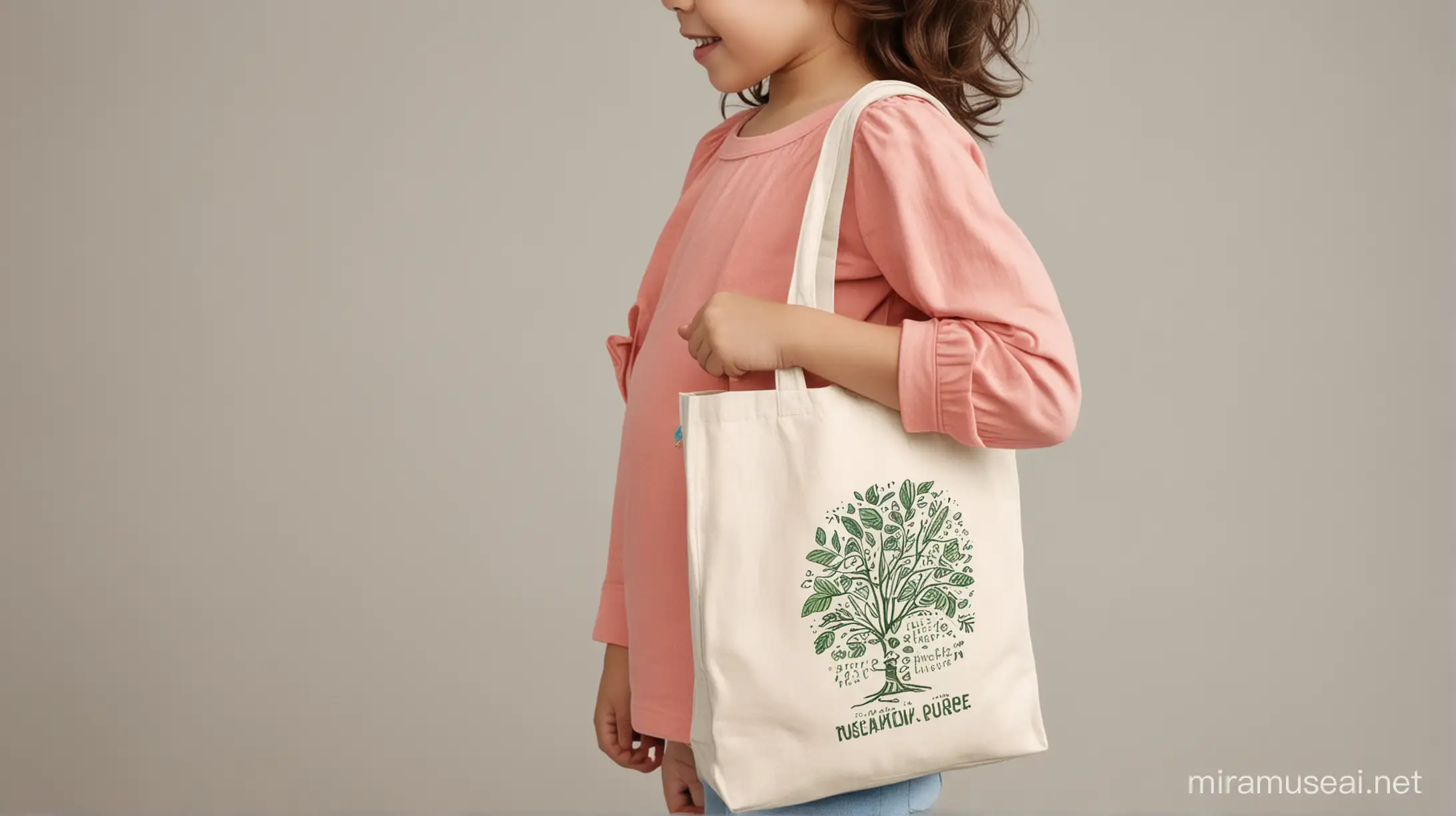 toddler with eco tote bag on shoulder side view mockup photo