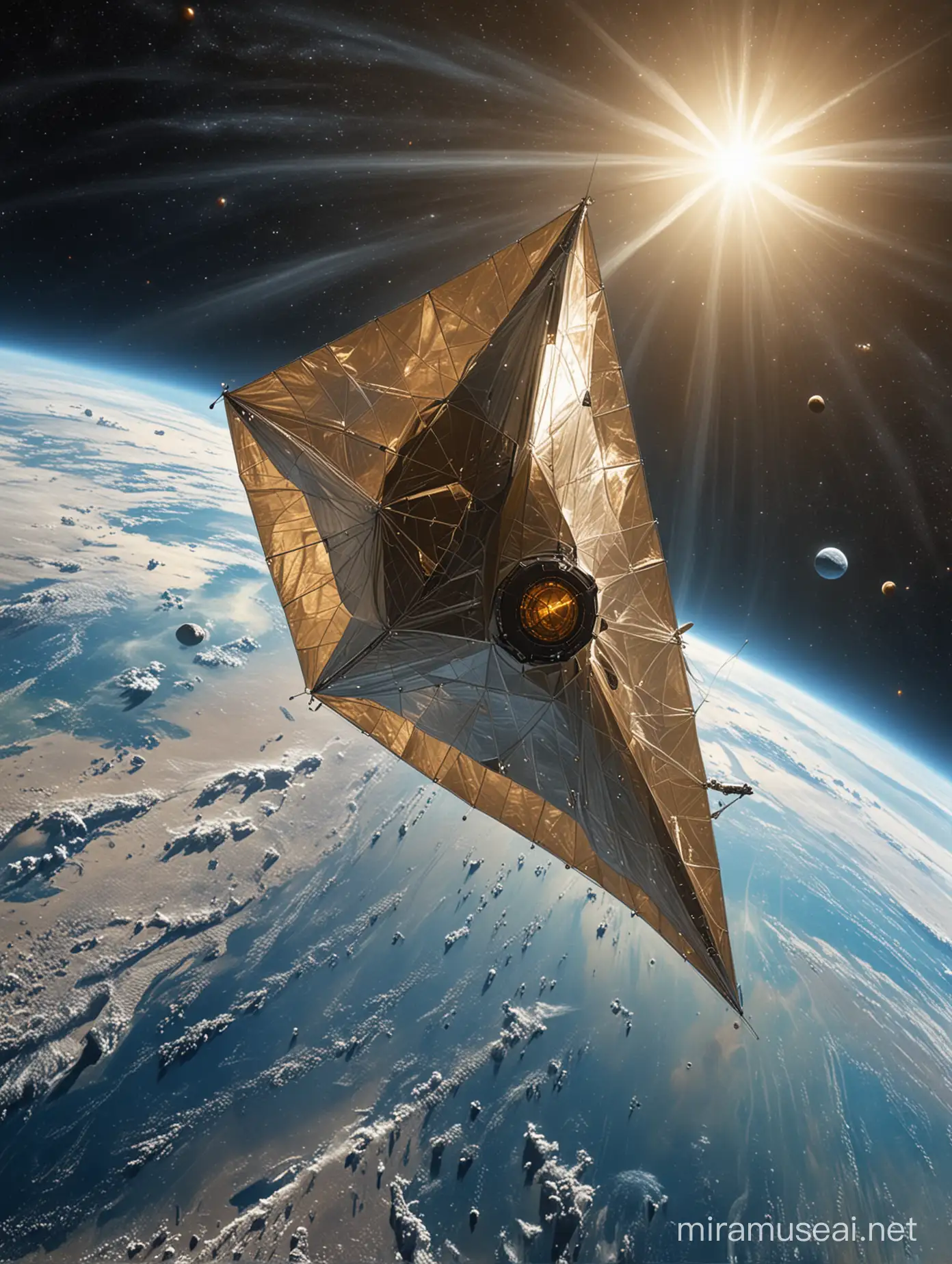 Highly detailed painting, wide view from the side, the (((Sunjammer solar sail spacecraft orbiting the Earth))), Sunjammer has its sails deployed in a square shape, use muted pastel colors only, high quality

