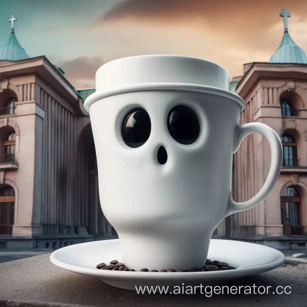 ghost in the form of a coffee cup with sad eyes against the backdrop of Soviet architecture