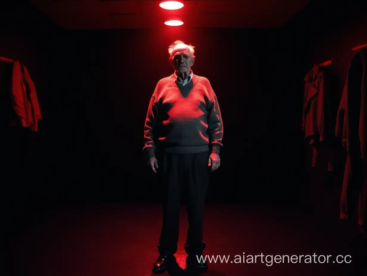 Старик в стоит в чёрной комнате в красном освещении с руками по бокам. На нём были носки, штаны и серый свитер