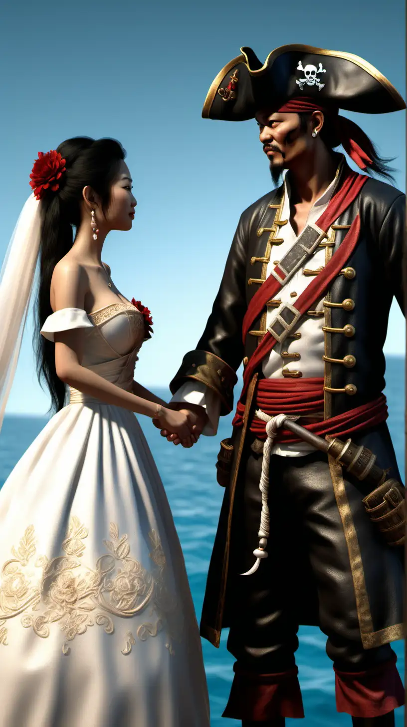 Create an image of Ching Shih marrying with the younger pirate Chang Pao.  4k ultra realistic. side view. 