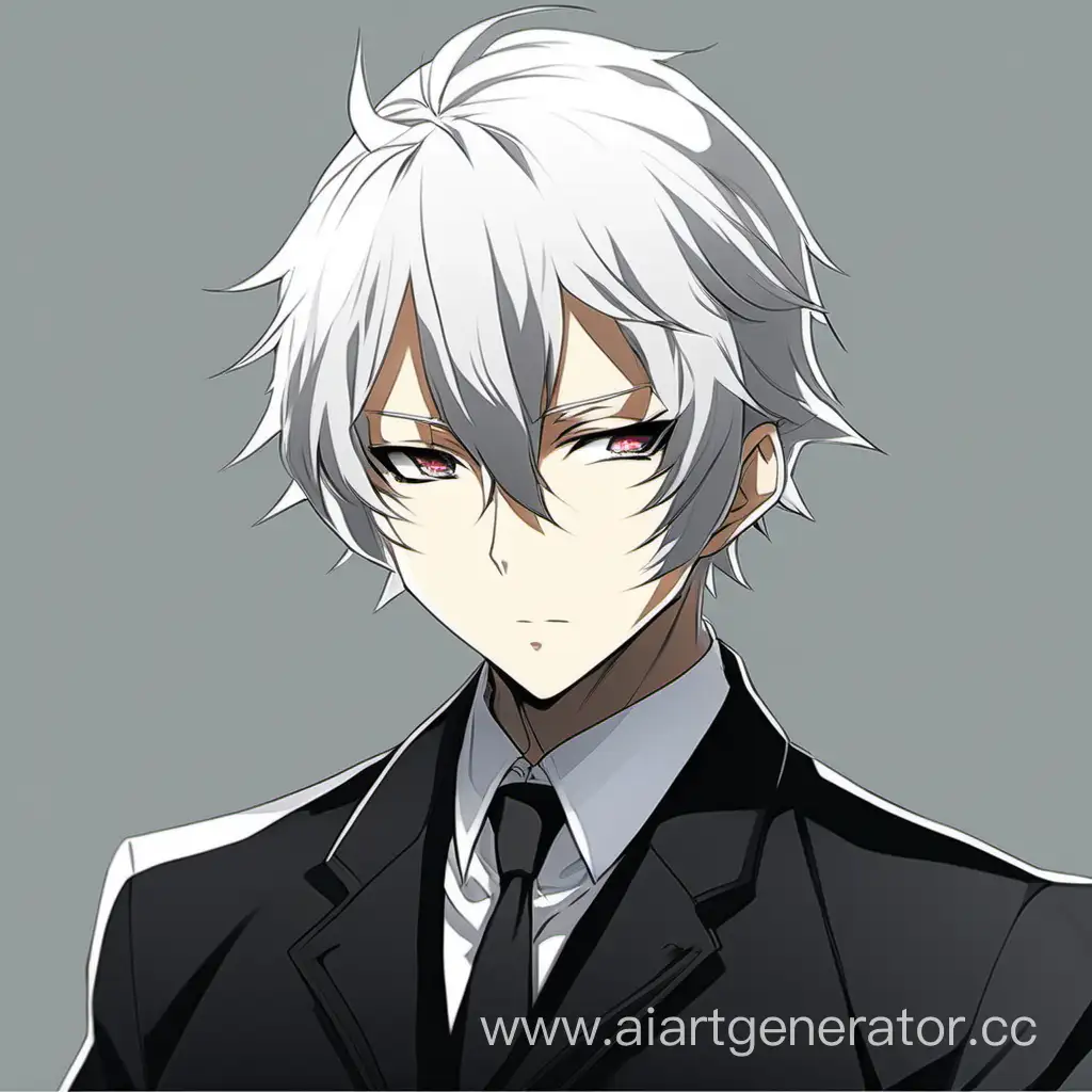 аниме персонаж в чёрном костюме с белыми волосами на котором расположены ушки белого цвета МАЛЬЧИК