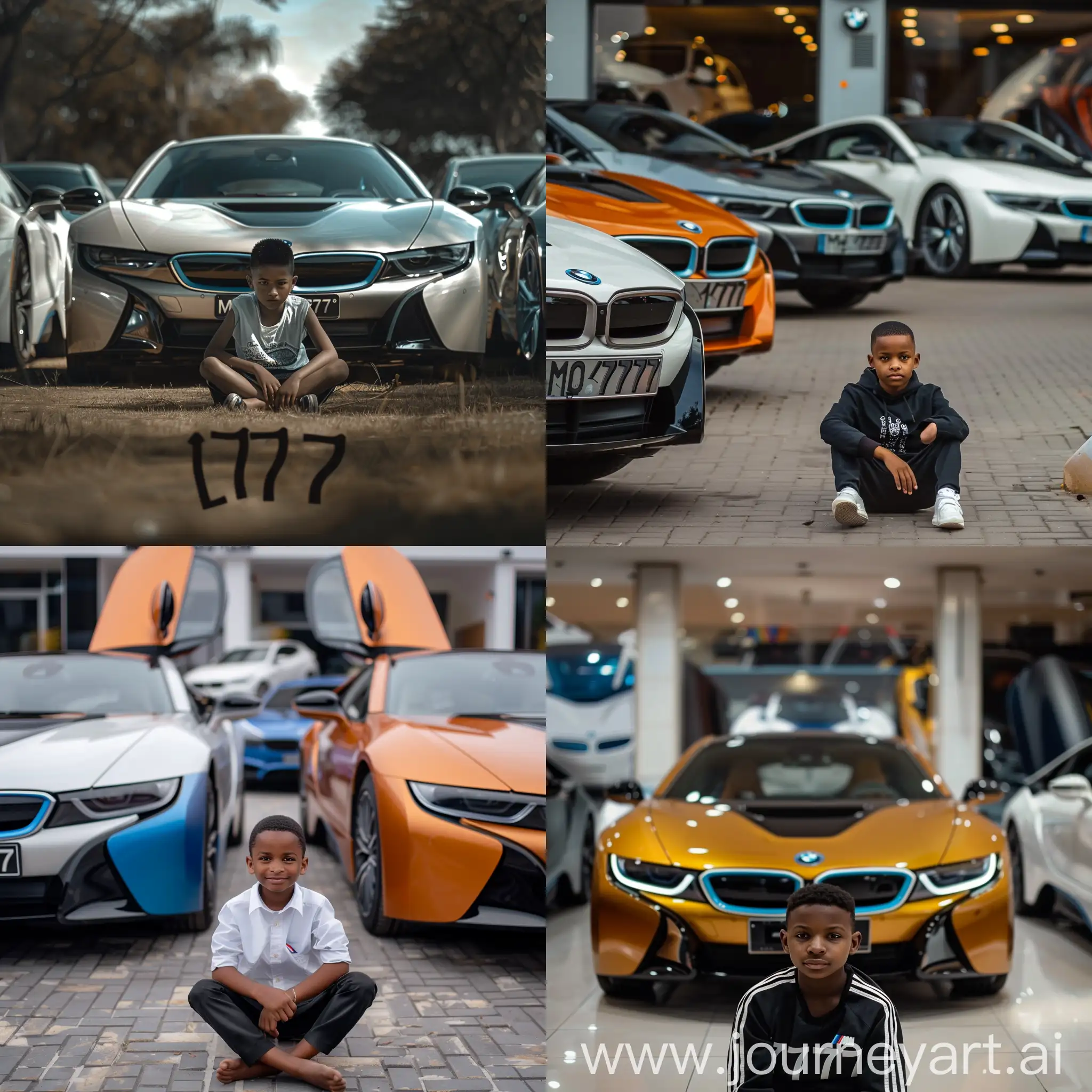 a boy sit infront of bmw cars number is 0777 
