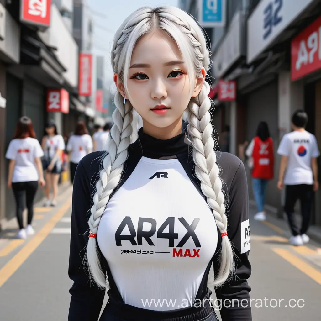 Korean girl with long hair Logo on 'ar4max' clothes the brand name on the clothes with the inscription 'ar4max' , Korean girl with white hair, hairstyle, two braids, wearing a bodysuit, Hidden and street portraits, super high resolution, logo ar4max
