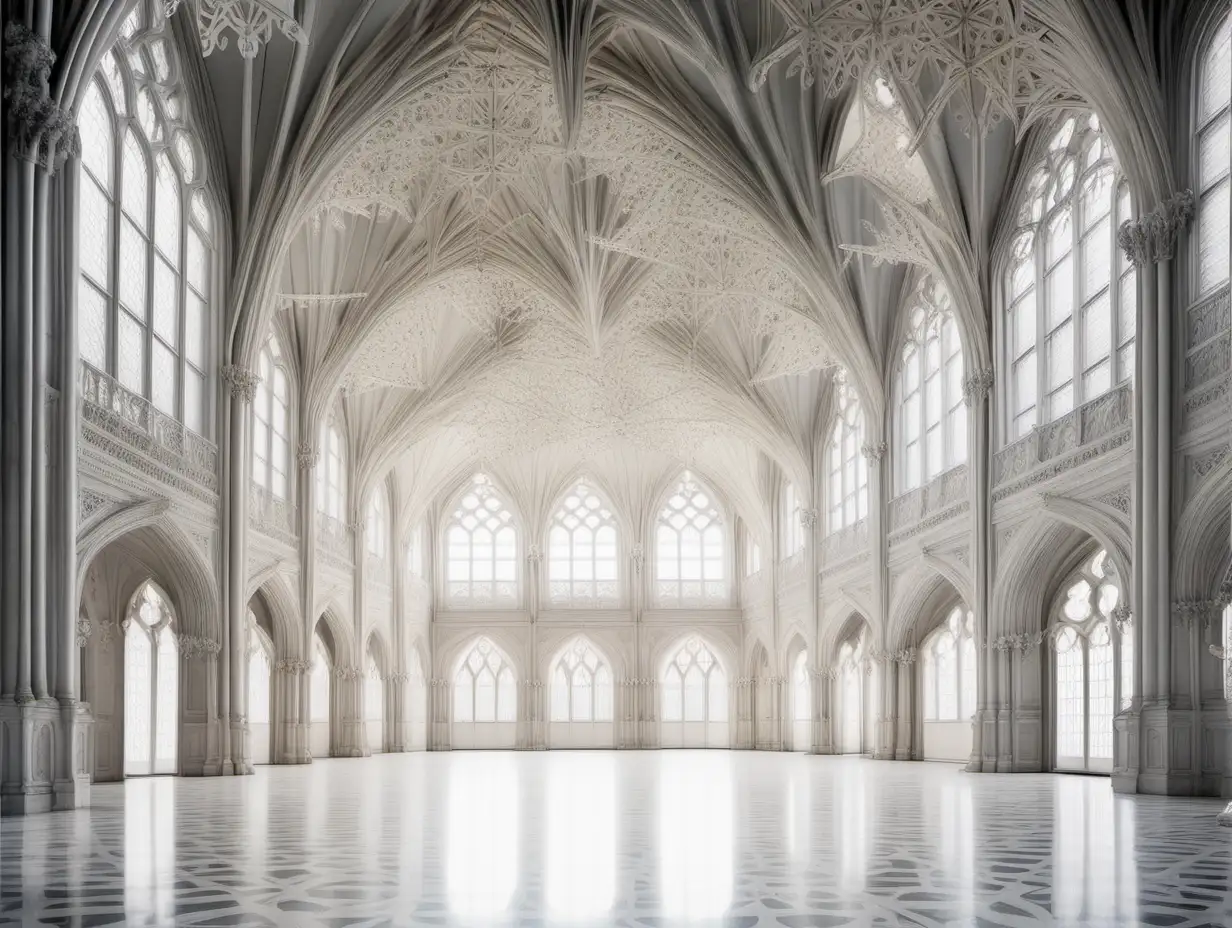 a great hall in a palace that is completely white. it has gothic architecture and delicate, intricate tracery on the high arched windows. the ceilings are vaulted and large, white chandeliers in a similar delicate design hang from the ceilings.