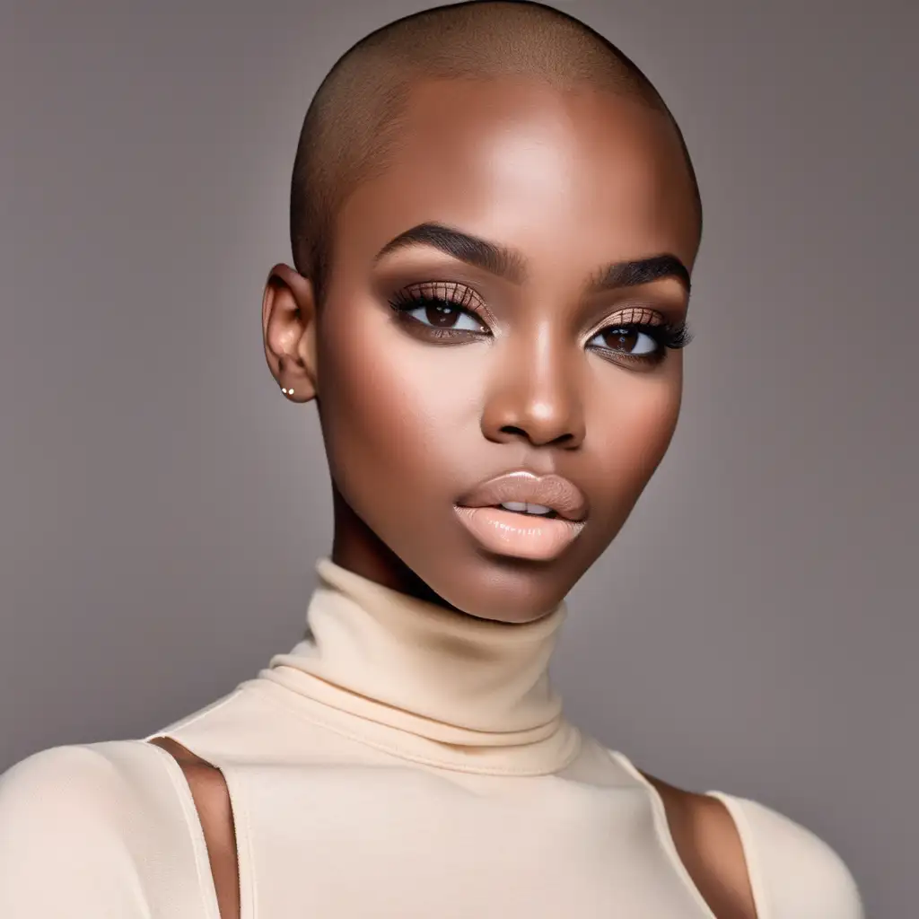 A beautiful dark skin black woman. She has a bald haircut. She is wearing a cream turtleneck. She is modeling a pretty soft makeup look wearing a nude colored lip gloss.