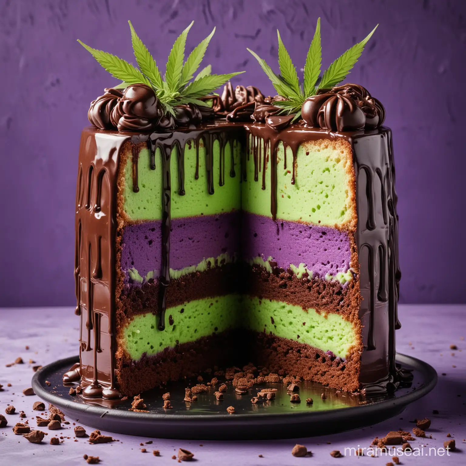 a big cake, cut in half, cannabis neon green and purple insides, chocolate sauce dripping of it
