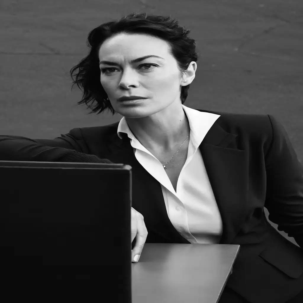 I need an image of female character similar to a movie still taken from a movie scene, look similar to Lena Headey a determined,  Make the background black, very realistic short depht of field. She is in her early forties, cold businesswoman