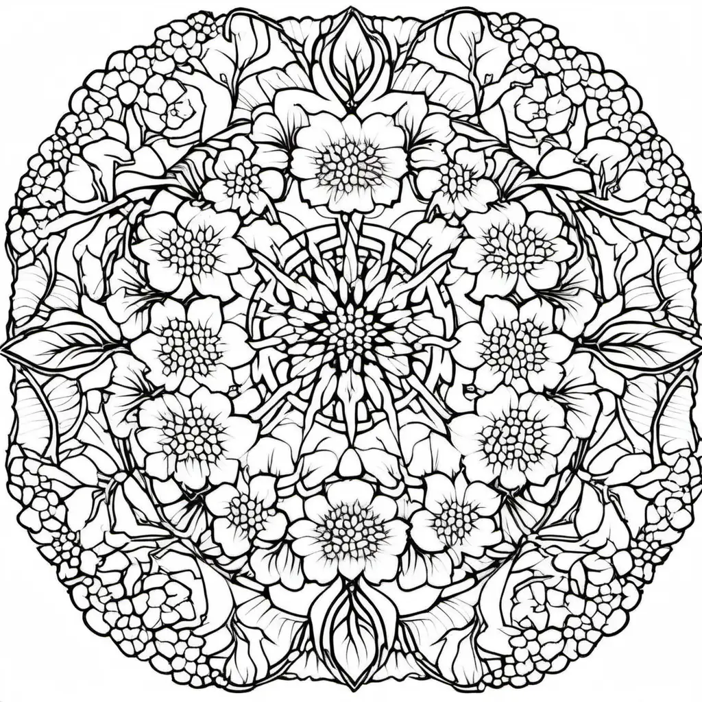 Cherry Blossom Mandala: A mandala with delicate cherry blossoms and branches for coloring book with crisp lines and white background