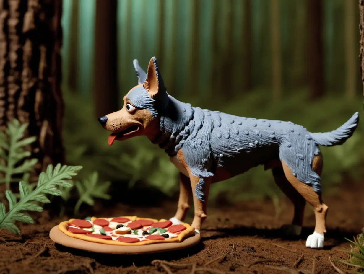 claymation, movie still, side view, austrailian cattle dog, tan, finding a pizza, in a forest