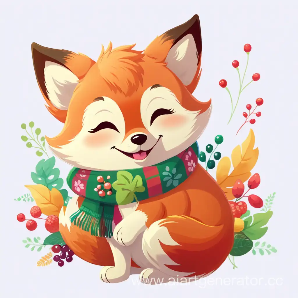 Cheerful-Autumn-Fox-with-Colorful-Scarf-and-Berry-Surroundings