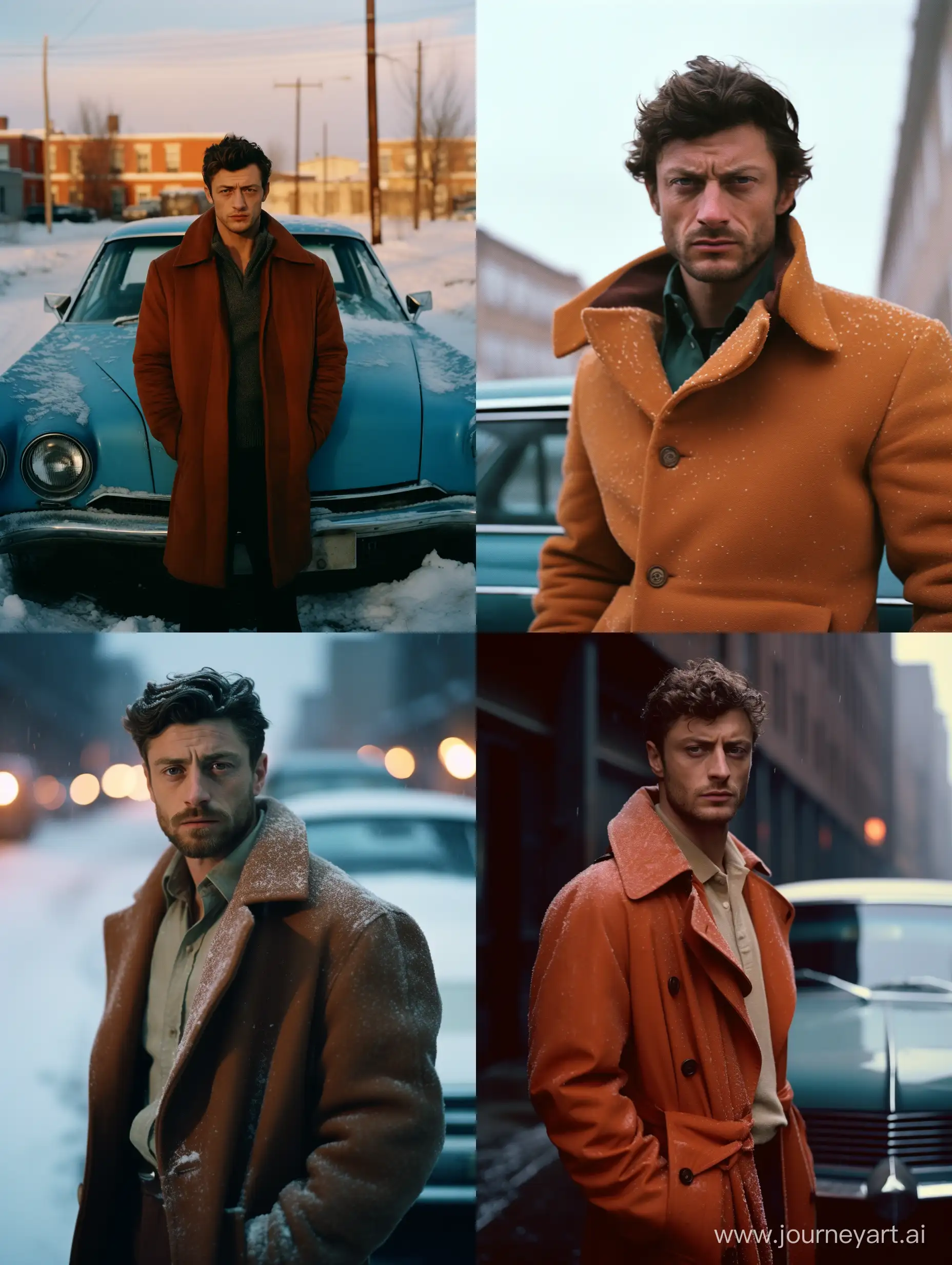 SnowCovered-Car-and-Stylish-Man-in-Brown-Leather-Coat