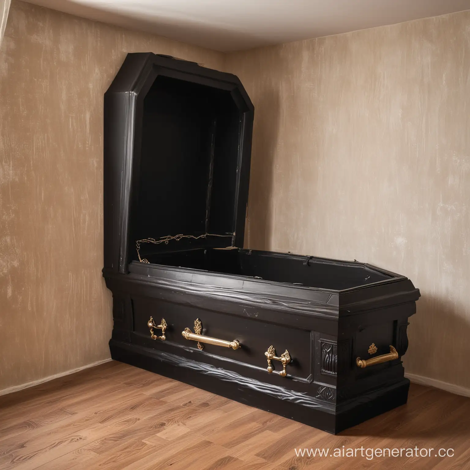 открытый черный гроб прижатый к стене в уютной комнате
