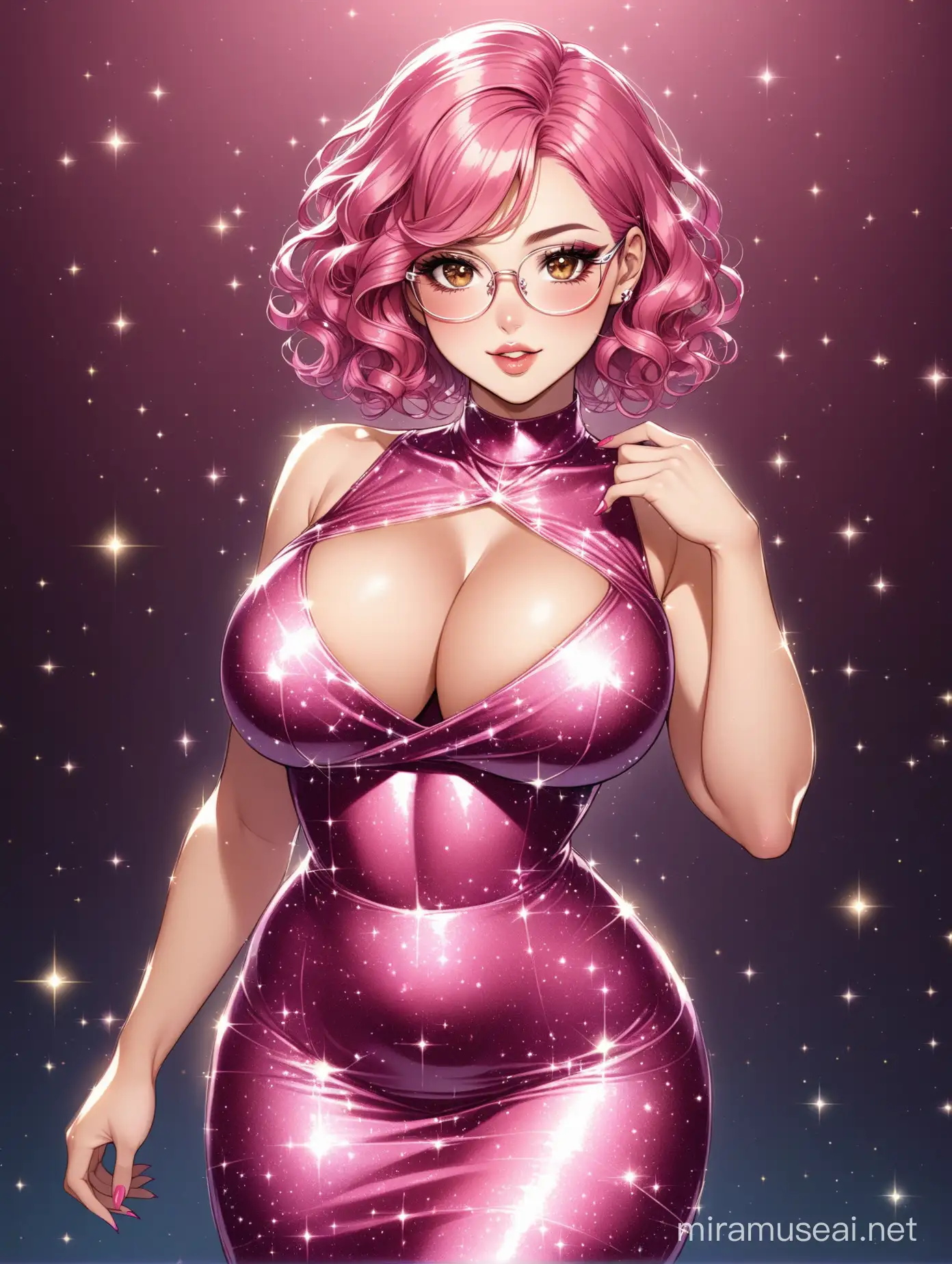Elegant Woman with Short Curly Pink Hair and Sparkly Dress