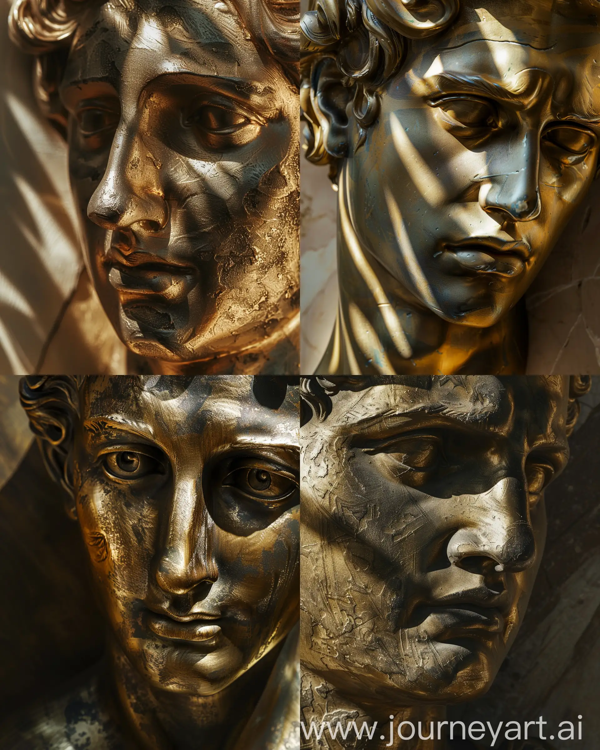 A wide close-up of a high-angle shot of a golden metal bust with shadows on the metal, stoic face, Greek bust, detailed --v 6 --ar 16:20 