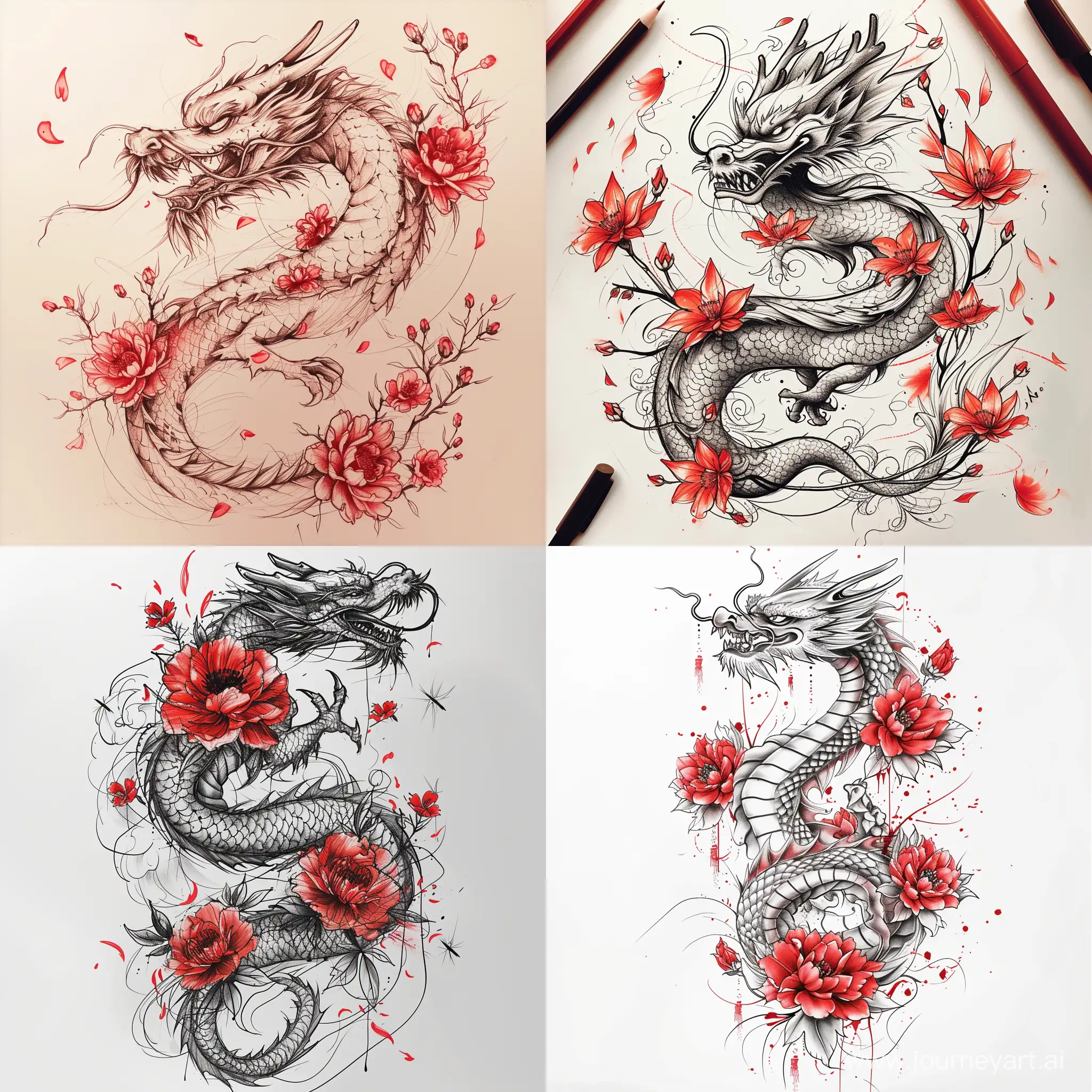 Китайский дракон в стиле наброска, только линии, красные цветы, татуировка, 4к, ровно в камеру
