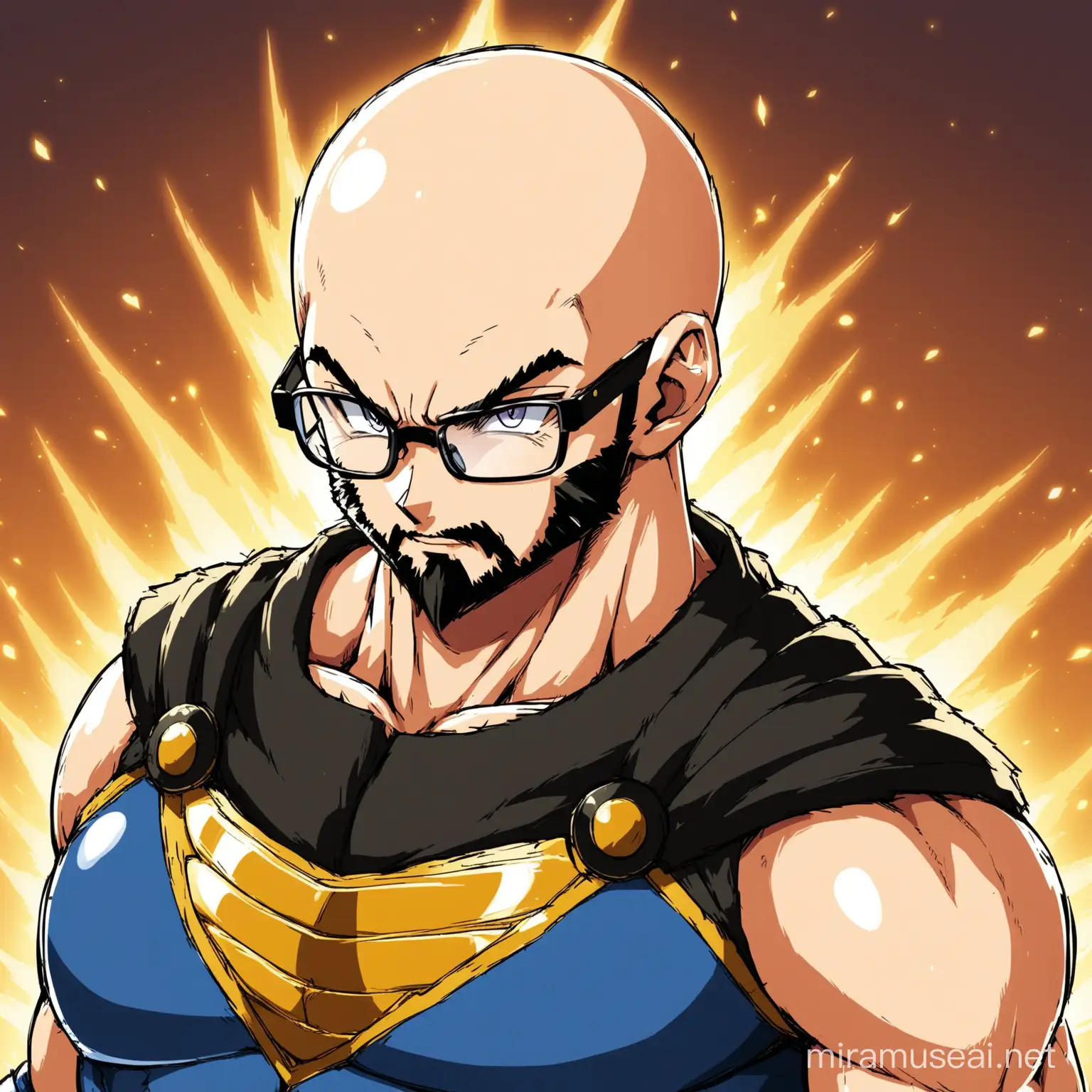1 super Saiyan. bald. no hair on head. complete black bearded. vegeta. big round glasses.