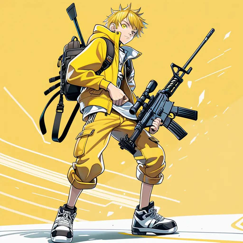 anime skater boy, tall, action pose, yellow theme, holding a sniper rifle, dynamic pose, high energy, bags under eyes