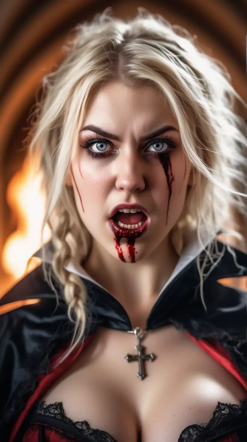 Beautiful Nordic woman, very attractive face, detailed eyes, big breasts, messy blonde hair, wearing a vampire cosplay outfit, close up, angry, showing vampire fangs, blood on sides of mouth, bokeh background, soft light on face, rim lighting, facing away from camera, looking back over her shoulder, standing in a Catholic Church on fire, photorealistic, very high detail, extra wide photo, full body photo, aerial photo