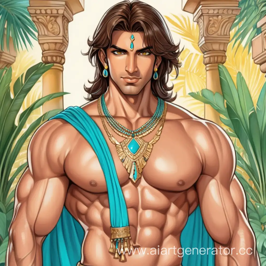 Indian-Prince-with-Turquoise-Eyes-in-Blue-and-Yellow-Shirwani-amidst-Tropical-Garden-Drawing-Intimate-Erotica