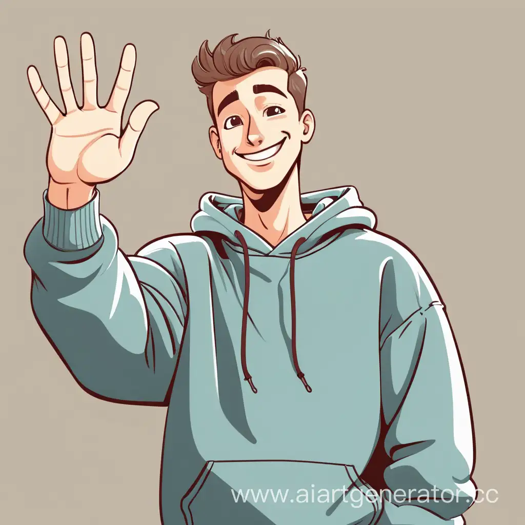 Awkwardly-Smiling-Man-in-Sweatshirt-Greeting-Cartoonishly