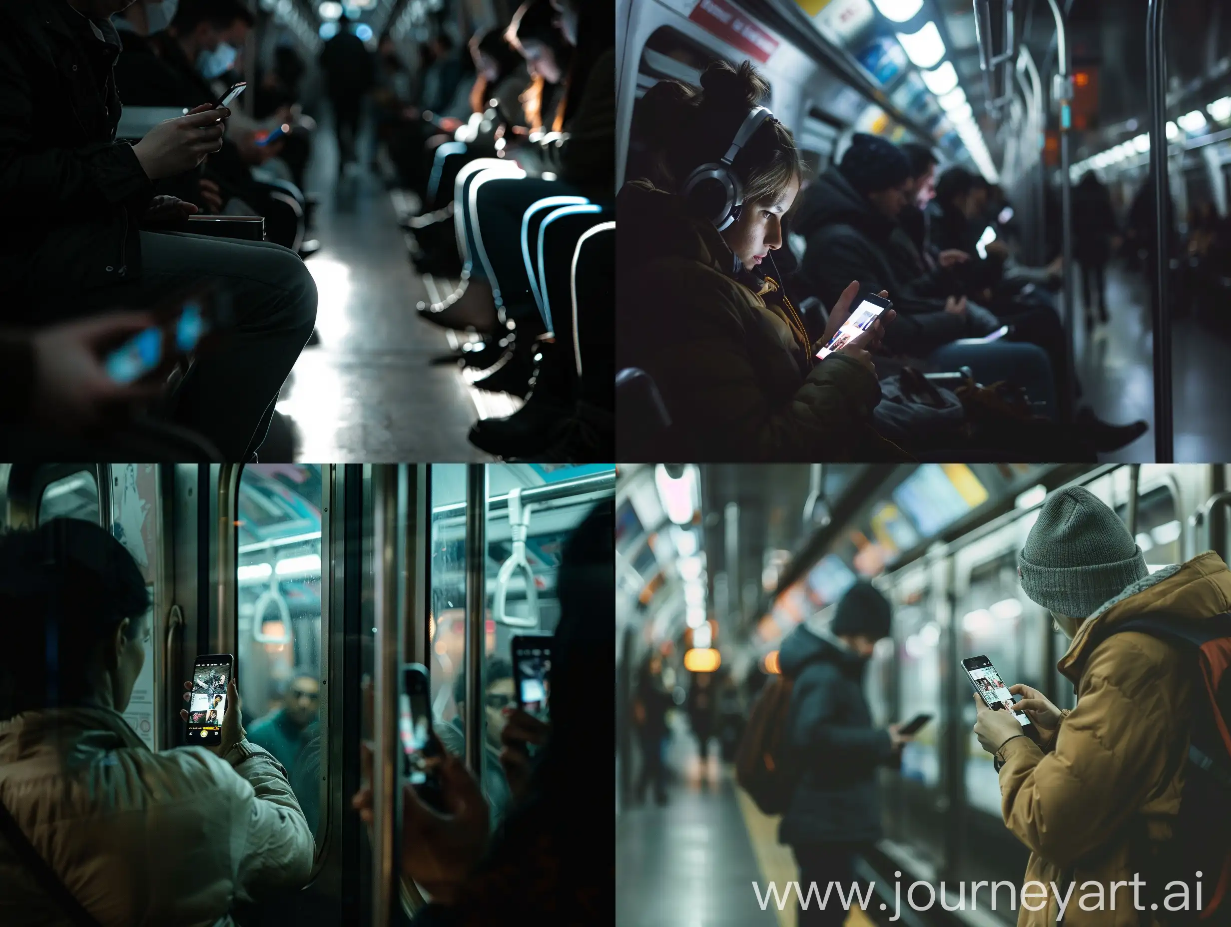 minimalist editorial photograph people watching videos and scrolling in metro, luminous shadowing, focus on the phone and videos, style raw