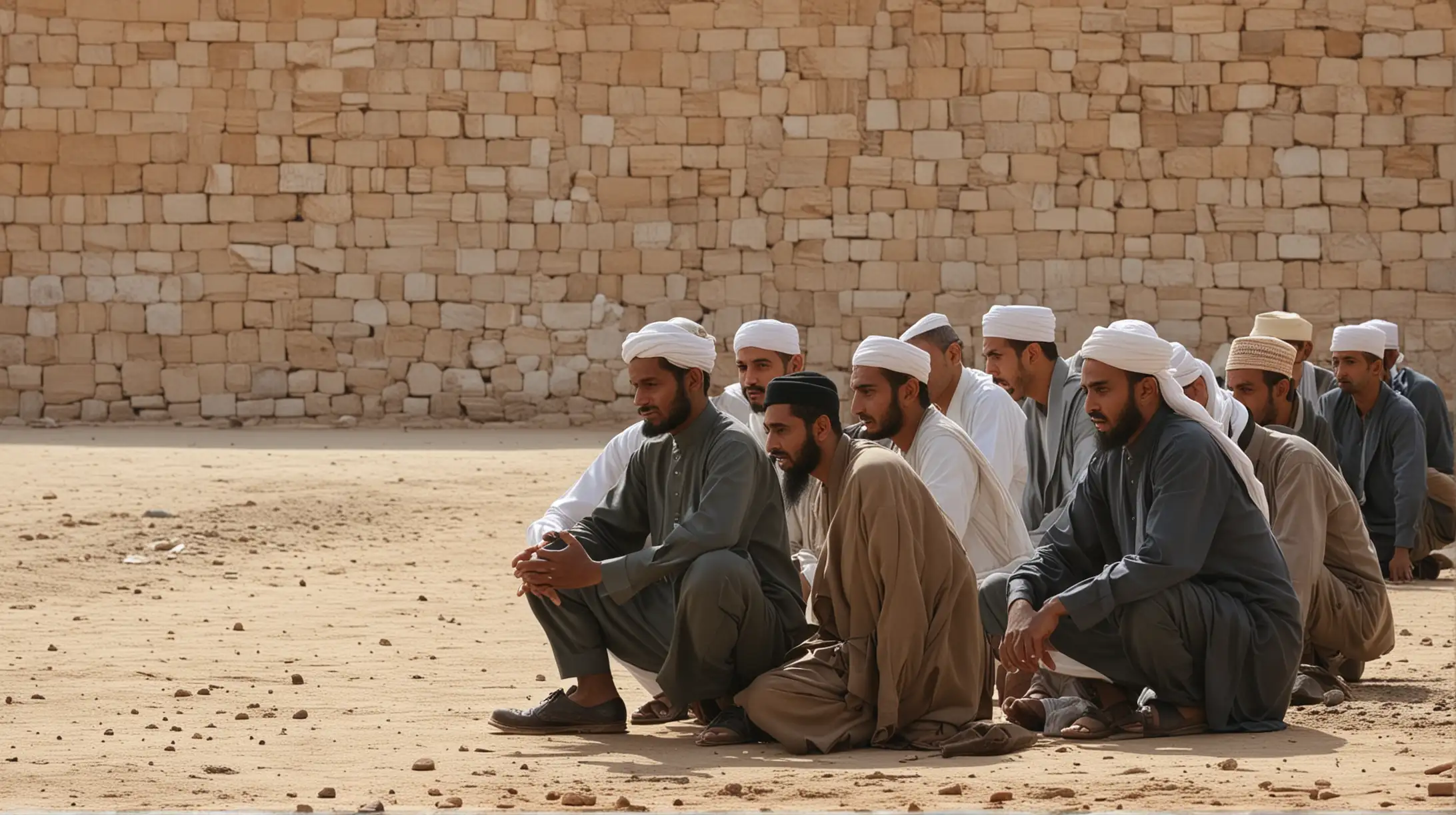 a muslim man walking and a group of man sitting and talking