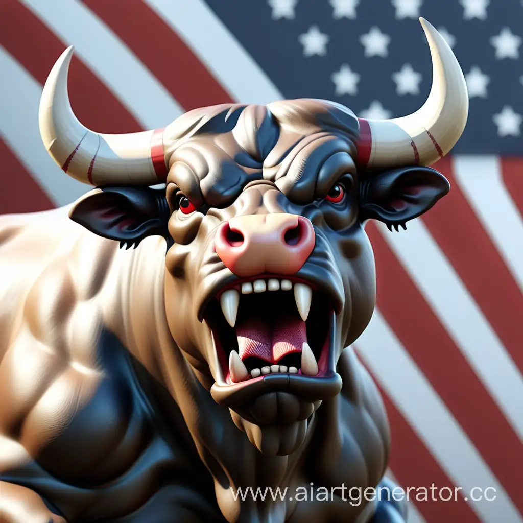 злой бык на фоне американского флага