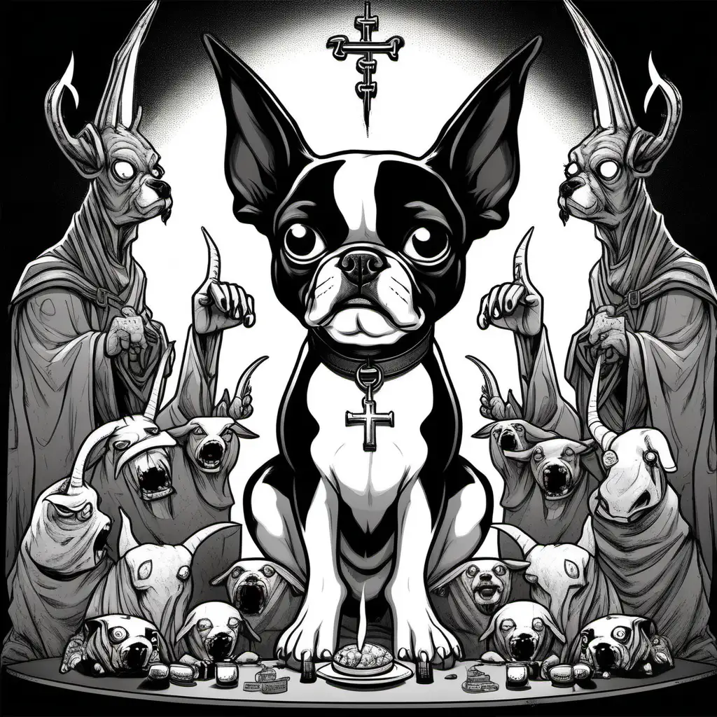 Webcomic boston terrier giving a blood offering to satan, goat horns, white eyes, evil imagery, dark, occult