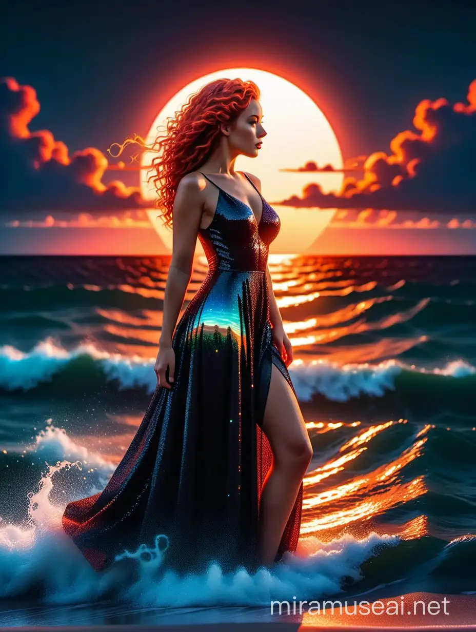 Pixel art,Aivision,High quality, 8K Ultra HD, A beautiful double exposure that combines the silhouette of a stunning woman wearing glitter black Long gown (full body), blue prety eyes, red full mouth , curly hair,with a sunset storm at sea, the beautiful sunset should serve as the underlying backdrop, with its details incorporated into the woman, crisp lines, sharp focus, double exposure, neon colors