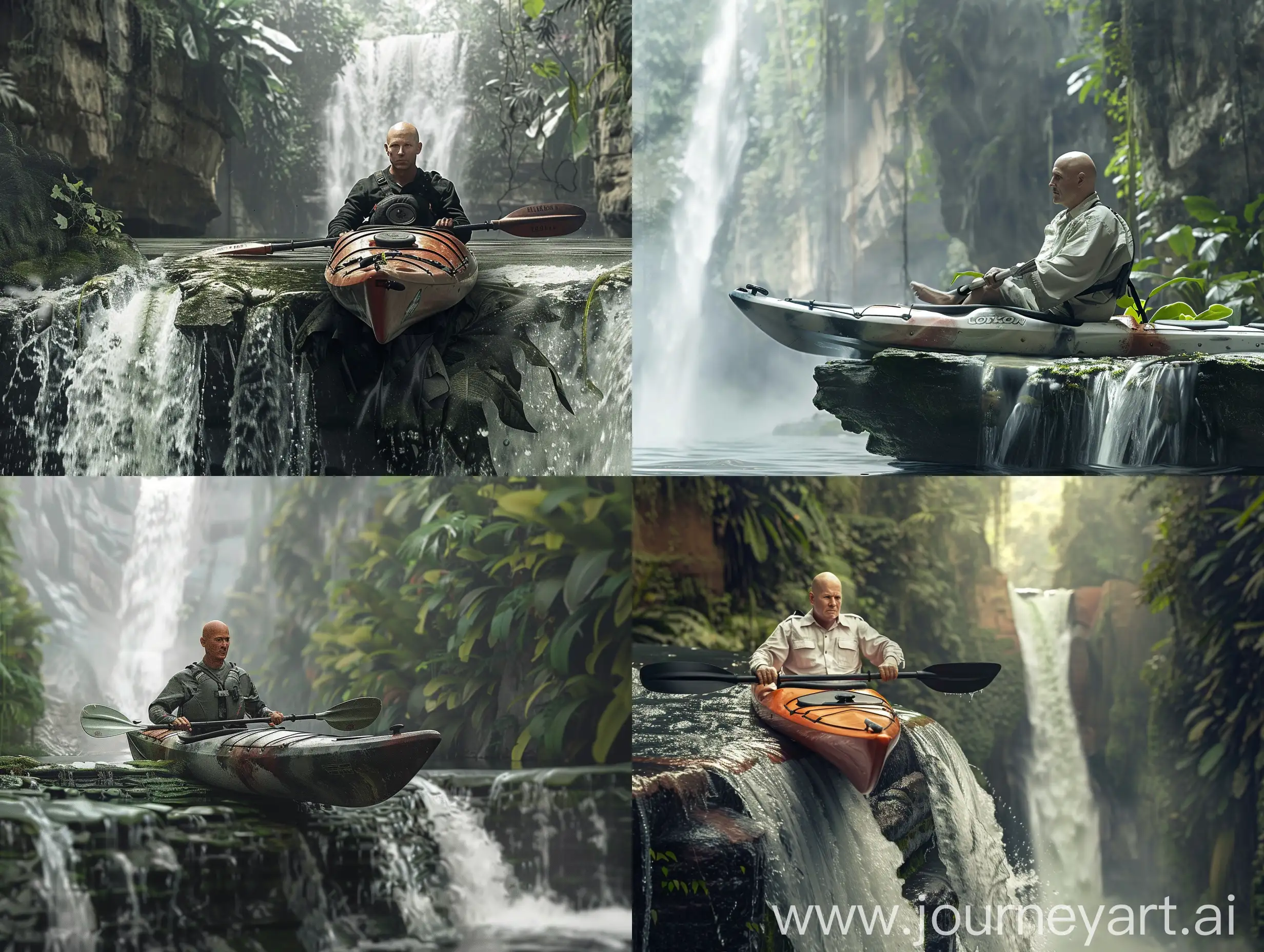 Quality at 300dpi
Very high realism
Content: A kayaker sitting in a kayak at the edge of a waterfall.The kayaker is a 50-year-old white male. He is bald. Frontal shot. The background features a canyon covered in lush vegetation. It's important that the close-up allows the kayaker's face to be recognizable, enabling identification of the individual.