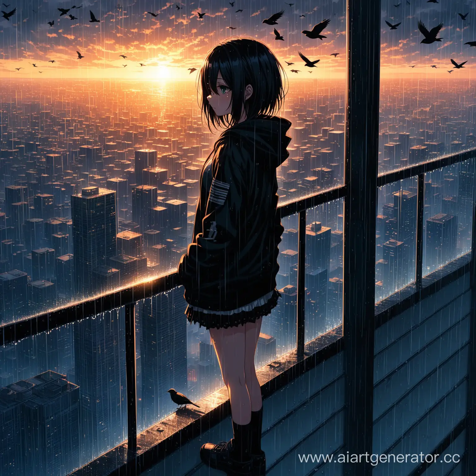 anime emo girl, Desperate emotions. Standing on the edge of the skyscraper, rain, detail sunset, light and shadows, hyper detail location, birds, super detail city